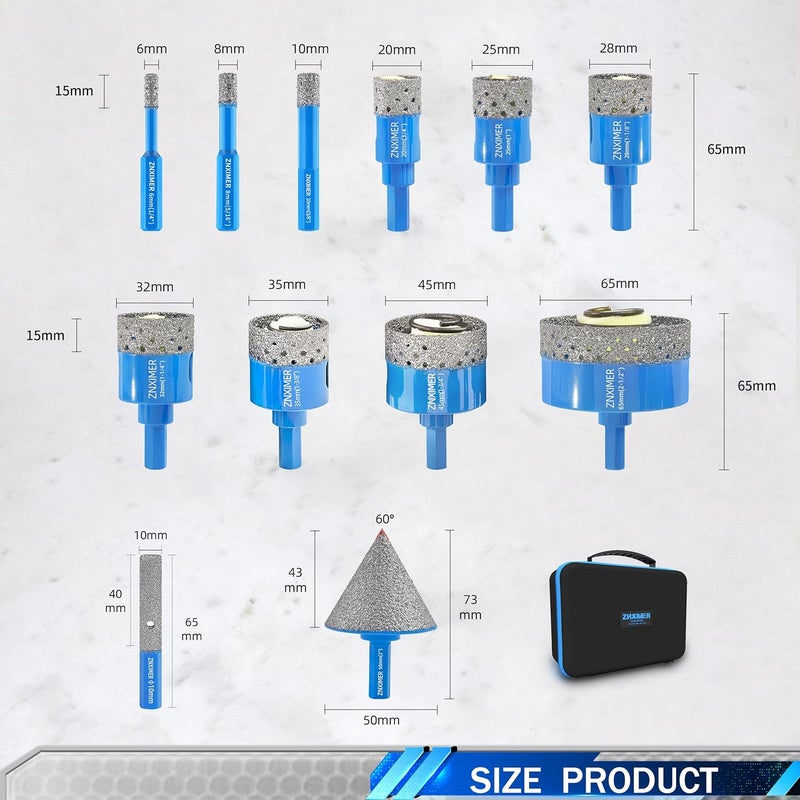 ZNXIMER Diamond Tile Hole Saw Kit - Porcelain Tile Drill Bits Set for Ceramic, Granite, Marble and More Drilling - 12pcs Diamond Core Drill Bits Set(6/8/10/20/25/28/32/35/45/65MM/2/10MM) - Image 2